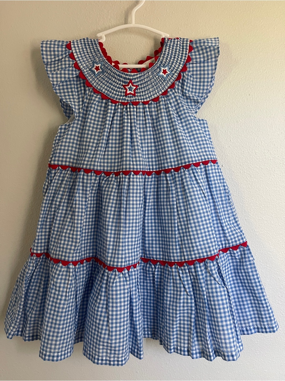 Cynthia Rowley Blue Gingham Tiered Dress with Red Trim